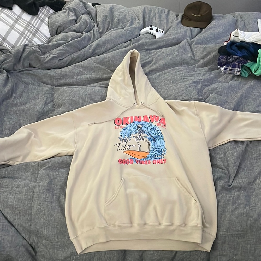 Tan Hoodie/Sweatshirt. Good vibes only. Tokyo Japan. Surfer, Skeleton